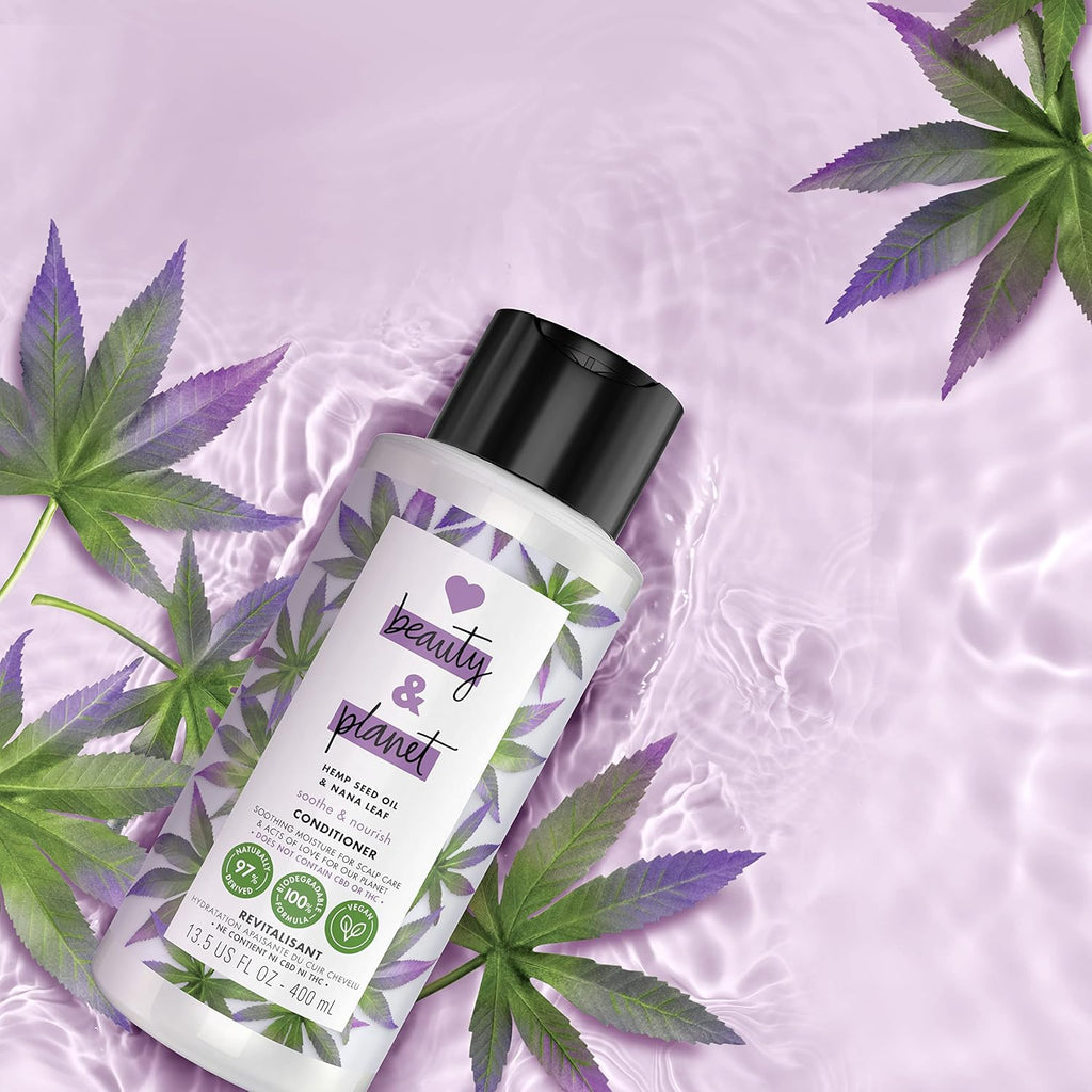 Love Beauty and Planet 100% Biodegradable Hydrating Conditioner Soothe & Nourish Dry Scalp Hemp Seed Oil & Nana Leaf Vegan, Silicone-free, Cruelty-free Hair Care 13.5 oz